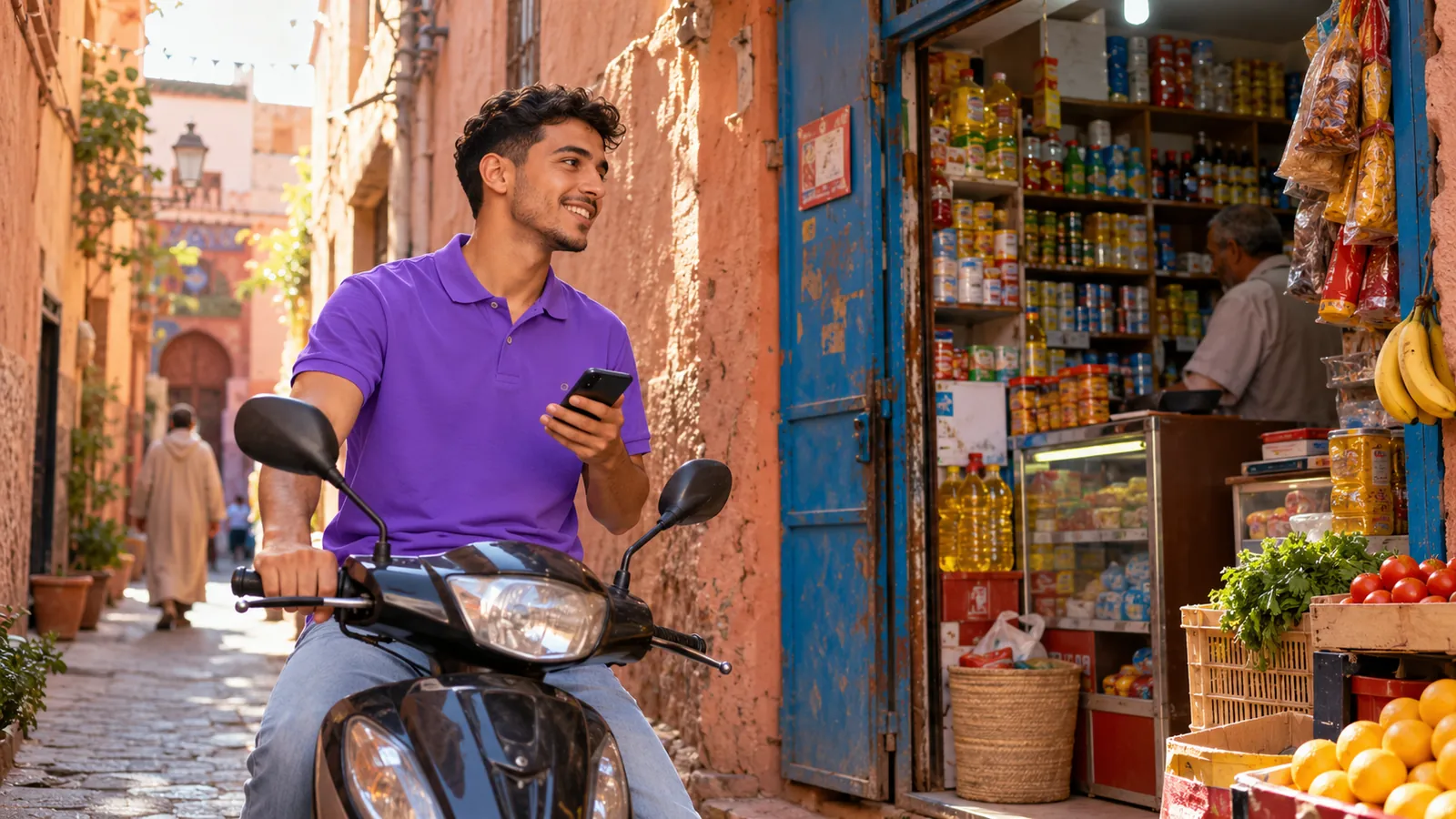Un commercial Waly Force devant un commerce